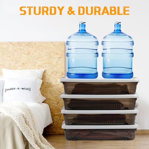 Beeveer 4 Pcs Plastic Under Bed Storage Containers with Lid Wheel Handle, Transparent Large Capacity Stackable Latching Storage Bins for Closet Bedroom Clothes Shoes (Brown,23.7 x 15.8 x 5.2) - color: Brown
