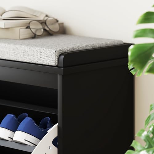 HOMCOM Narrow Shoe Bench with Padded Seat Cushion and Flip-Drawer, Small Entryway Bench Holds up to 265lb, Shoe Cabinet, 31.5x10.2x18.7 Inches, Black - color: Black, size: 31.5" x 10.2" x 18.7"