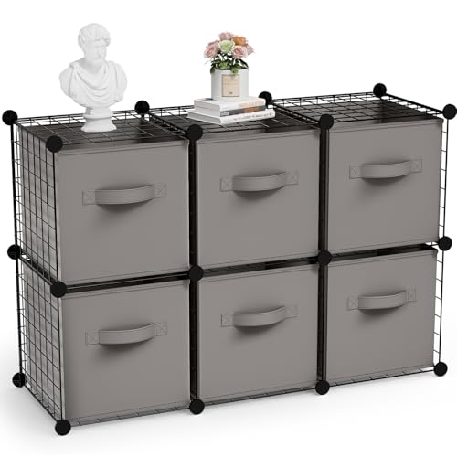 Leinuosen 6 Cube Storage Organizer with 6 Foldable Fabric Storage Bins, Metal Wire Grid Shelves, Stackable Modular Closet Organizer for Bedroom Living Room Office Toys Books(Black,Gray) - color: Black,Gray