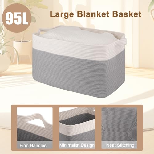OIAHOMY Extra Large Blanket Basket, 95L Cotton Rope Woven Laundry Basket, Toy Bin for Baby Room, Container for Blanket Storage in Living Room, 24''×17''×14'', Grey & White - color: Grey & White, size: 95L