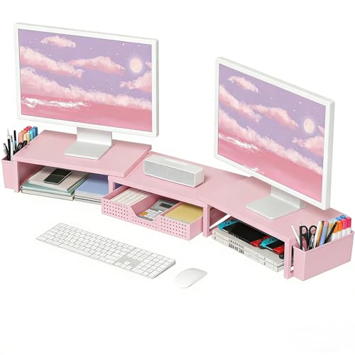 OPNICE Desk Organizers and Accessories, Dual Monitor Stand Riser with Drawer and 2 Pen Holders, Desk Shelf Wood Computer Racks for Office Workspace Organizers, Desktop Organization (Pink Wood) - color: Pink Wood, size: With drawer and pen holder