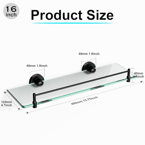 Glass Bathroom Shelves,Matte Black Floating Shelves for Wall Rectangular Modern Stainless Steel Glass Shelf for Bathroom Shelves Wall Mounted 16 Inch - color: Matte Black, size: 16"with railing
