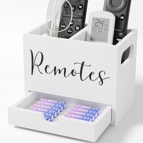 Remote Control Holder, TV Remote Holder with Drawer, Wood Remote Control Organizer for Table, Media Storage Box for Nightstand, Living Room (White,2 Slots) - color: White - 2 slot