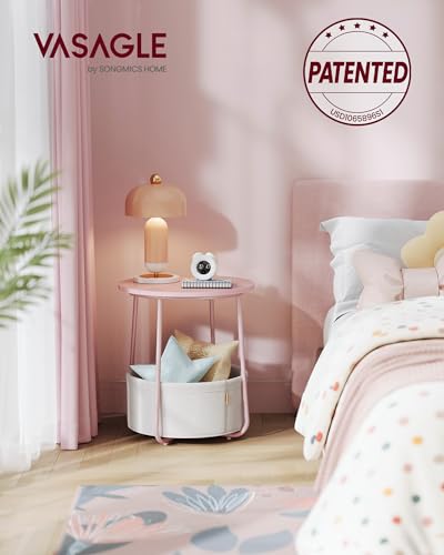 VASAGLE Nightstands, Set of 2 Small Round Side Tables with Fabric Basket, Bedside End Tables, for Bedroom, Jelly Pink and Cream White ULCT668R01 - color: Jelly Pink + Cream White
