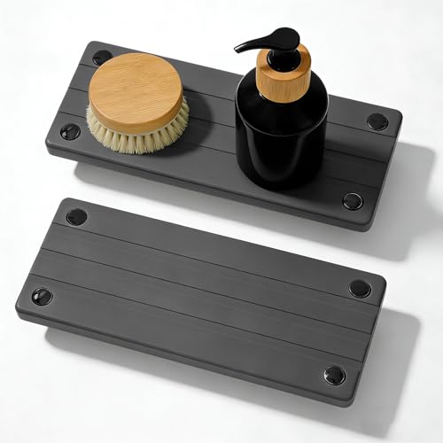 2PCS Instant Dry Sink Caddy for Bathroom Counter, Durable Kitchen Sink Organizer, Diatomite Stone Drying Tray, Upgrade Water Absorbing Stone Tray for Sink, Anti-Slip Stone Soap Tray -Dark Gray - color: 2pcs Dark Gray Metal Foot 3stripes