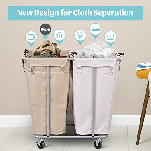 PLKOW Laundry Cart with Wheels 280L Large Laundry Sorter 2 Section for Commercial/Home, Rolling Laundry Cart with Steel Frame and Removable Bag, 8 Bushel, 32.3L x 19.7W x 31.5H Inch - color: Oat+White-280L