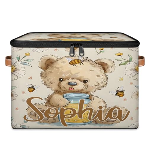 Custom Storage Basket with Name, Personalized Storage Bins with Zipper Lid, Foldable Fabric Storage Box Large capacity with Handle Flower Bee Bear - color: Option 20