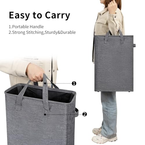 ZERO JET LAG Slim Laundry Hamper With Handles Collapsible Laundry Basket Thin Dirty Clothes Basket Narrow Laundry Bag Foldable Dirty Cloth Hamper 45L (24 inches,Dark Grey) - color: Dark Gray- With Handles