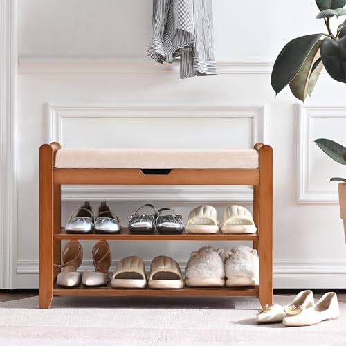 Shoe Rack Bench, Shoe Storage Bench with Cushion, 27.6in Entryway Bench with Lift Top Hidden Storage Holds Up to 330lb for Bedroom Living Room - size: 27.6in without Hooks