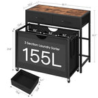 Laundry Sorter 3 Section with Tabletop & 2 Drawers, Rolling Laundry Hamper with Pull-Out and Removable Bags, Laundry Basket Organizer with Wheels and Shelf, Metal Frame Rustic Brown for Laundry Room - size: 155 L
