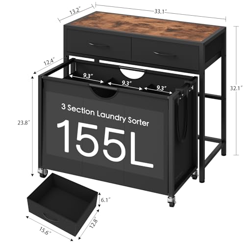 Laundry Sorter 3 Section with Tabletop & 2 Drawers, Rolling Laundry Hamper with Pull-Out and Removable Bags, Laundry Basket Organizer with Wheels and Shelf, Metal Frame Rustic Brown for Laundry Room - size: 155 L