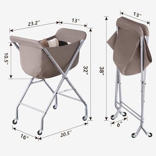 ELYKEN Laundry Cart with Wheels, 32”H Easy Rolling Laundry Hamper with Removable Liner Bag, Sturdy Metal Frame Clothes Basket with 4 Casters and 2 Brakes - color: Camel Brown, size: 23.2"L x 13"W x 32"H