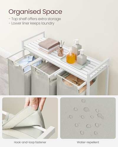 VASAGLE Laundry Hamper, Laundry Basket, Laundry Sorter with 3 Pull-Out and Removable Bags, Shelf, Metal Frame, 3 x 10.6 Gallons (40 L), 36.4 x 13 x 28.4 Inches, Cream White and Cloud White UBLH301W01 - color: Cream White + Cloud White, size: 3 Bags - 120