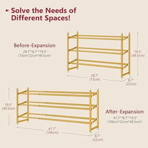 Tajsoon Expandable Shoe Rack for Closet 3 Tier, 28“-41“Adjustable & Stackable Shoe Shelf Storage, Metal Shoe Rack Organizer for Front Door Entrance, Closet, Garage, Entryway, Gold - color: Gold, size: 3 Tier