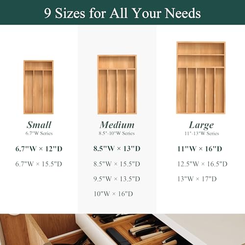 Silverware Organizer, Bamboo Kitchen Drawer Organizer, Utensil Holder, Cutlery Tray & Spoon Flatware Storage with Grooved Drawer Dividers (8.5''W x 13''D) - color: Natural, size: 8.5''W x 13''D