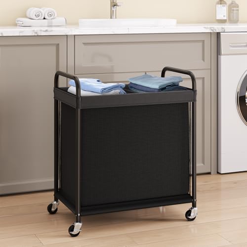 ELYKEN Laundry Hamper 2 Section, 100L Rolling Laundry Sorter with Removable Liner Bag, Laundry Basket with Wheels, Steel Frame with Metal Handle, Clothes Hamper Cart for Laundry Room & Bedroom - color: Black, size: 2-Section