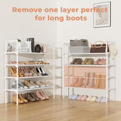 LANTEFUL 4 Tier Shoe Rack for Closet Shoe Organizer with 5 Hooks, Long Shoe Shelf Storage for Shoe and Boot Stackable Free Standing Shoe Rack for Entryway, Garage, Small Spaces, Dorm, White - color: White, size: 27.8"W - 4 Tier