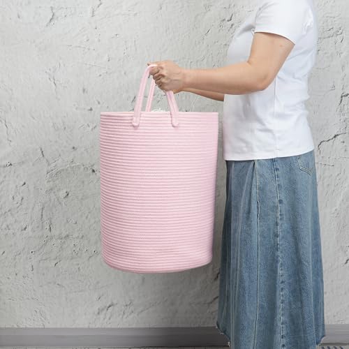 Woven Cotton Rope Laundry basket-15”X20” Laundry Hamper-Rope Storage Basket for Dirty Clothes, Toys and Blankets Perfect for Bathroom, Baby nursery and Living Room Storage (pink) - color: pink, size: regular