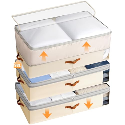 Under Bed Storage Bins - 98L Height-adjustable Under Bed Storage Containers, Compression Blanket Storage Comforter Storage Sweater Storage, Clothes Storage Bins With Clear Window, 3 Pack Beige - color: Beige, size: 3 Pack