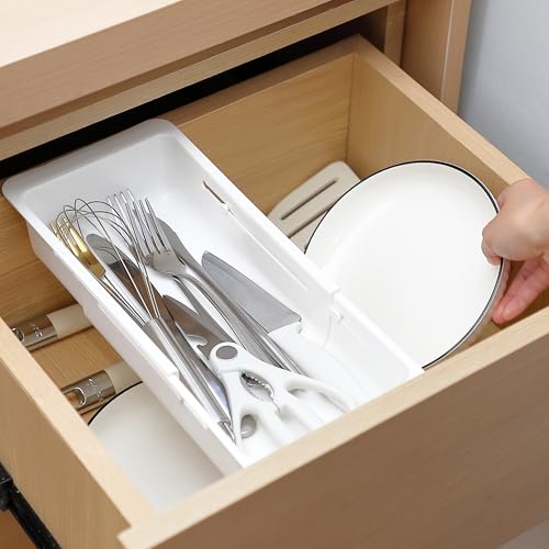 1 Pack Deep Drawer Organizer Bins, Sliding Drawer Organizer Bin Expandable and Adjustable Tray for Kitchen Utensils, Towels, BBQ Tools, Durable Plastic Sliding for Easy Storage (12.4-17.7") - size: 12.4-17.7"