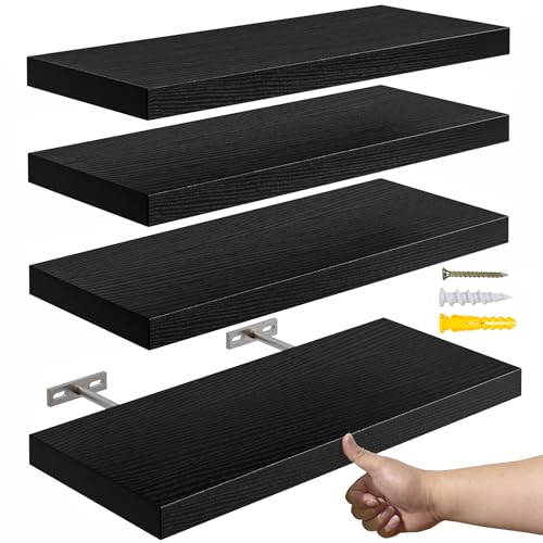 YUFLINX 16’’Black Floating Shelves for Wall Set of 4,Rustic Wood Shelf for Room Decor/Storage/Display,Small Bookshelf,Wall Mounted Hanging Shelves for Bedroom, Bathroom, Living Room, Kitchen - color: Black, size: 16in