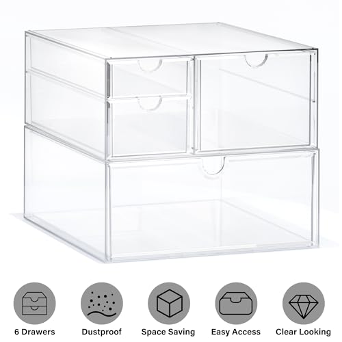 Prsildan Acrylic Drawer Makeup Organizer with 4 Drawers, Set of 2 Office Desk Organizers Accessories, Clear Stackable Storage Drawers for Vanity, Countertop, Craft, Jewelry, Art Supply Organization - style: 4 Drawers
