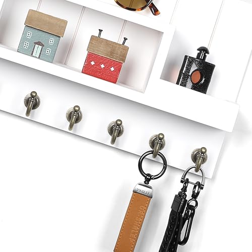 Key Holder for Wall, Mail Organizer Wall Mounted, Mail and Key Holder with 6 Key Hooks for Home Decor, Pine Wood White