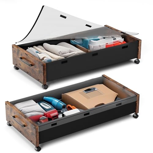 Under Bed Storage with Wheels, 2 Packs Wooden Storage Containers Extra Large Underbed Shoes Organizer, Rolling Under Bed Storage Drawers with Clear Lid, Heavy Duty for Clothes Toys 36"L (Vintage) - color: Vintage Wood-90