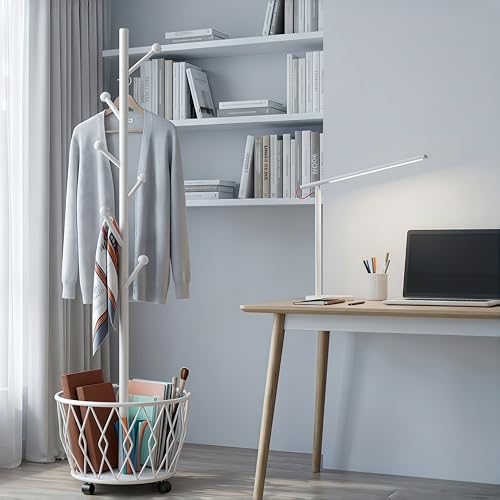 Freestanding Metal Coat Rack Stand with Basket Modern Organizer for Scarf Jacket Hat Bags Ideal for Home Entryway Bedroom Corner Stable and Moveable tree (white) - color: white