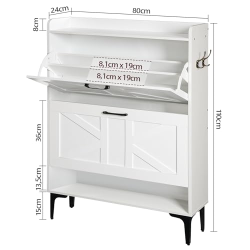 MAHANCRIS Shoe Storage Cabinet, Shoe Organizer with 2 Flip Drawers, Hidden Shoe Storage for Entryway, Freestanding Organizer with Open Storages, White SHWT9401 - color: White
