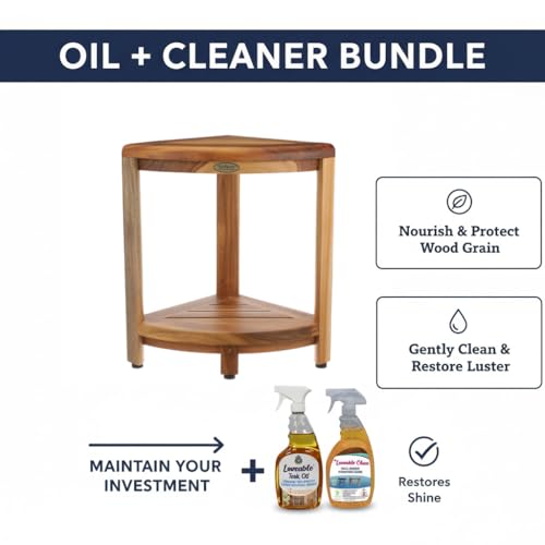 EcoDecors Fully Assembled SnazzyCorner® 18" Teak Shower Bench, Corner Shower Stool, w Shelf, Plus Loveable Teak Oil Spray Bottle 24 oz, Loveable Teak Cleaner 32 oz, Space Saver Corner be - size: 2 Tier FULLY ASSEMBLED + Teak Oil & Spray