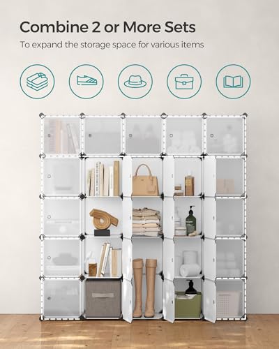 SONGMICS Cube Storage Organizer, Set of 16 Plastic Cubes, Closet Storage Shelves, DIY Plastic Closet Cabinet, Modular Bookcase, Shelving with Doors for Bedroom, Living Room, White ULPC44BSV1 - color: White, size: 16 Cubes, style: with doors