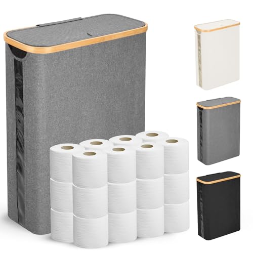 Odonata Large Toilet Paper Storage Basket with Lid, Slim Toilet Paper Organizer, Hold up to 20 Regular Rolls or 15 Mega Rolls. (Grey, 49L) - color: Grey
