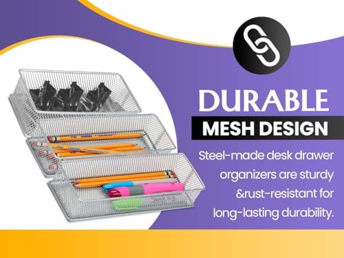 YBM HOME Silver Mesh Drawer Cabinet and or Shelf Organizer Bins, School Supply Holder Office Desktop Organizer Basket (2, 3x9x2 Inch) - size: 3x9x2 Inch