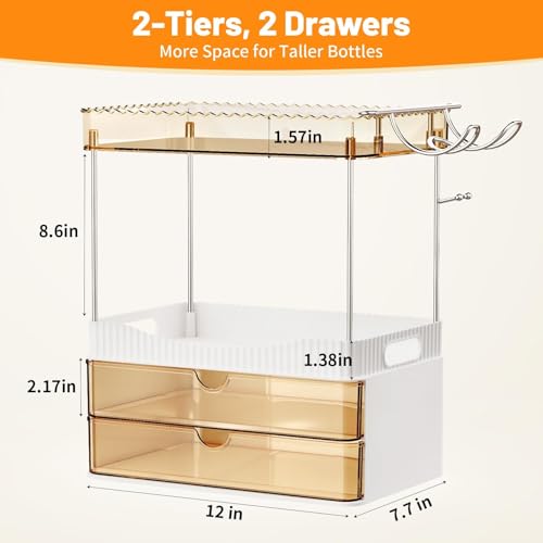 TasticTotes Bathroom Counter Organizer with Hairdryer Holder, 2-Tier 2-Drawer Shower Organizer for Skincare, Makeup Cosmetics, Large Capacity Vanity Organizer, Bathroom Decor, Valentine's Day(Amber)