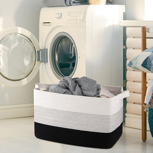 OIAHOMY Extra Large Blanket Basket, 95L Cotton Rope Woven Laundry Basket, Toy Bin for Baby Room, Container for Blanket Storage in Living Room, 24''×17''×14'', Gradient Black - color: Gradient Black, size: 95L