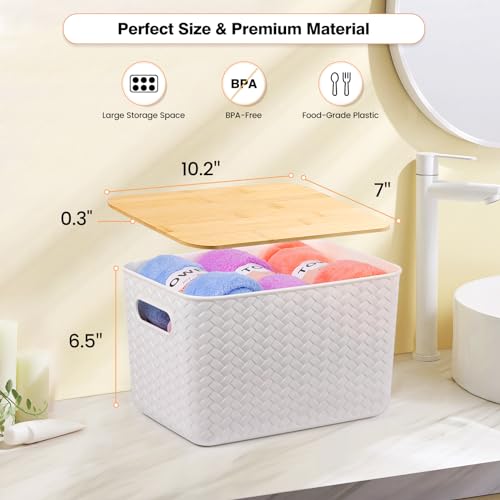 Ohmlove 4 Packs Storage Bins with Bamboo Lids - Plastic Storage Containers with Lids Stackable Storage Box：Storages Baskets for Organizing Desktop Closet Playroom Classroom Office,White - color: White