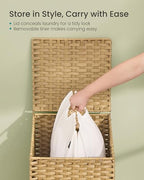 SONGMICS Laundry Hamper with Lid, 25 Gal (95L) PE Rattan Laundry Basket with Removable Washable Liners, for Bedroom & Living Room, Goose Yellow ULCB221YE01 - color: Goose Yellow, size: 95 L (1 Basket）