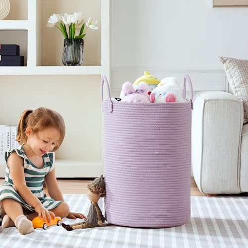 80L Extra Large Purple Hamper Laundry Basket for Nursery Kids 16Dx22H inches Tall Lavender Blanket Basket for Girls Cotton Rope Lilac Clothes Hamper in Bedroom - color: Purple, size: Extra Large (80L)