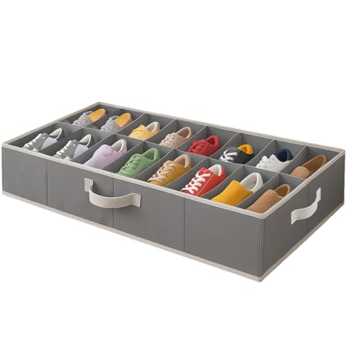 Under Bed Shoe Storage Organizer - TEAR-RESISTANT Heavy Duty 600D Material - Fits All Styles Men's and Women's Shoes, Up to 16 Pairs - Extra-Strong Zipper - Grey - Perfect for College Dorms - color: Grey, style: Set of 1