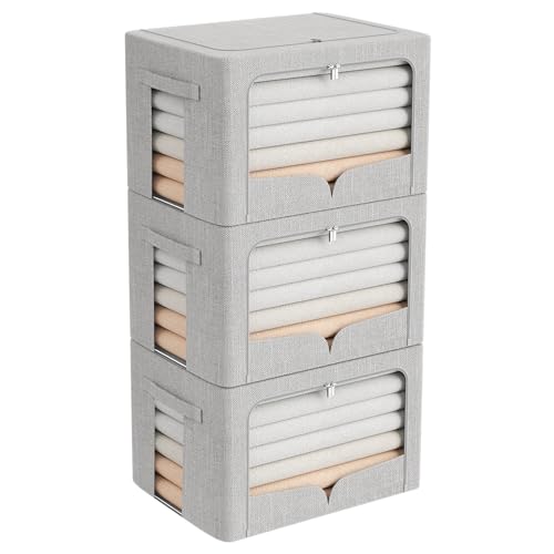 FHSQX 3 Pack Clothes Storage Bins - Foldable Metal Frame Storage Box - Stackable Linen Fabric Container Organizer Set with Carrying Handles and Clear Window (Light Gray, 16.5x12.2x12.2inch(40L)) - color: Light Gray, size: 16.5x12.2x12.2inch(40L)