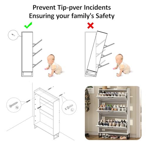 Maupvit Shoe Storage Cabinet with 3 Flip Drawers, Freestanding Organizer with Metal Legs for Entryway, Narrow Shoe Rack Cabinet, White - color: White, style: 3-Drawers
