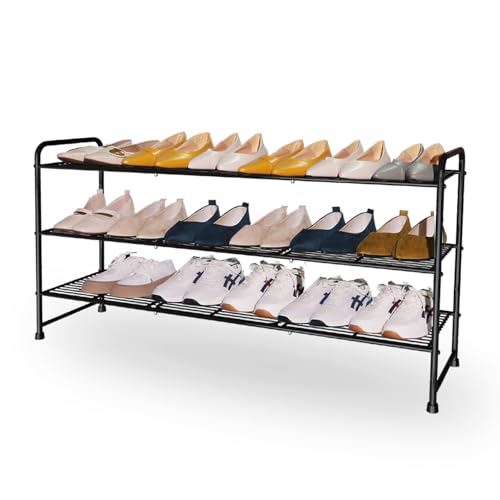 3-Tier Long Metal Shoe Rack,Extra Large Capacity Adjustable Stackable Shoe Organizer Shelf for Closet Entryway, Bedroom,Living Room, Floor,Hallway Shoe Shelf,Black 42" W × 24.5" H - color: 3-tier Black, size: 3-Tier Long