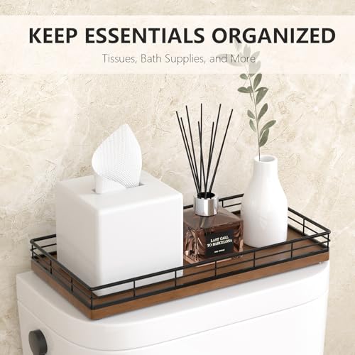 Toilet Paper Basket Organizer – Oak Wood Toilet Tank Tray with Metal Frame, Bathroom Counter Top Storage for Toilet Paper, Wipes & Decor, Modern Narrow Back of Tank Shelf Organizer, Black & Brown - color: Black & Brown, size: 13" x 6.5" x 2"