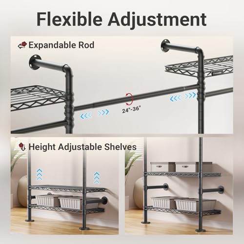 Timate F3 Medium Wall Mounted Clothes rack Expandable Closet, Industrial Pipe Clothing Rack for Hanging Clothes, Heavy Duty Clothes Rack with Shelves, Garment Rack Wall Closet System Black Pipe Closet - color: Black, size: F3 Medium