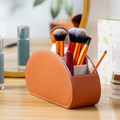 BONNY DODO Remote Control Holders Organizer Box with 5 Compartment PU Leather Multi-functional Office Desk Storage Caddy Store Tv Remote for Media Player,Brush,Pencil,Glassees&Office Supplies (Brown) - color: Brown, size: S