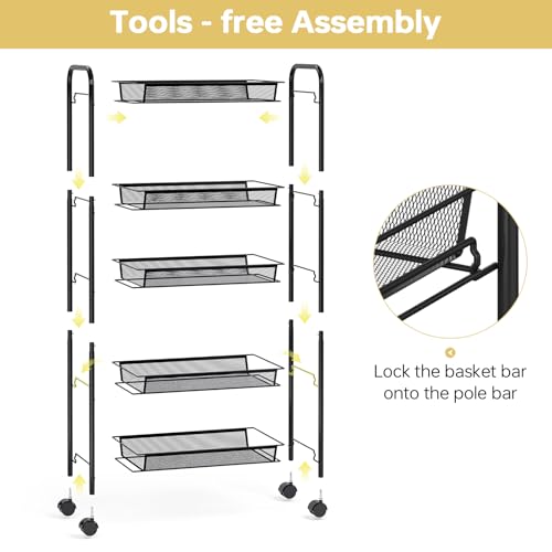 TOOLF 5-Tier Metal Utility Cart with 3 Hooks, Easy Assemble Mobile Storage Trolley On Wheels, Metal Shelving Units Kitchen Bathroom Laundry Room - color: Black, size: 5-Tier