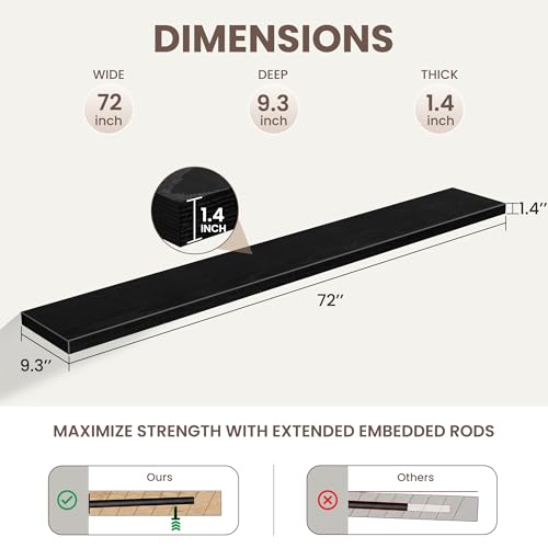 72 Inch Floating Shelves for Wall Set of 1,9.3" Deep Wall Shelves,Rustic Wood Wall Mounted Book Shelves with Invisible Brackets,Extra Long Floating Shelf for Living Room,Laundry Room,Bedroom,Black - color: Black, size: 72 Inch,Set of 1