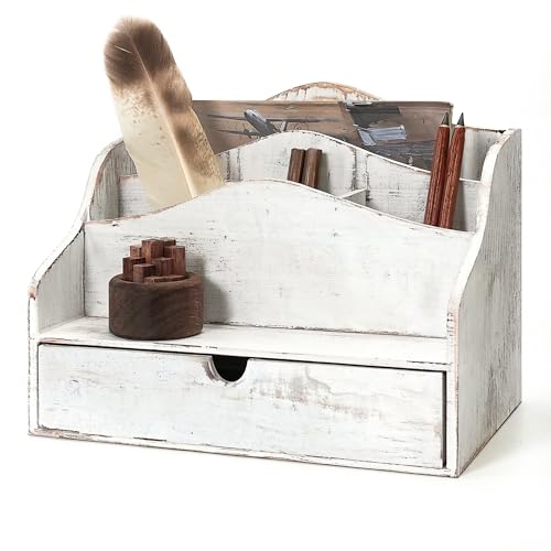 Pine Wooden Mail Organizer for Desk - Retro Farmhouse Mail Holder Countertop with Drawer & Dividers - 4-Slot Letter Holder for File & Office Accessories - Office Organizer for Home Decor (Whitewash) - color: A-Whitewash