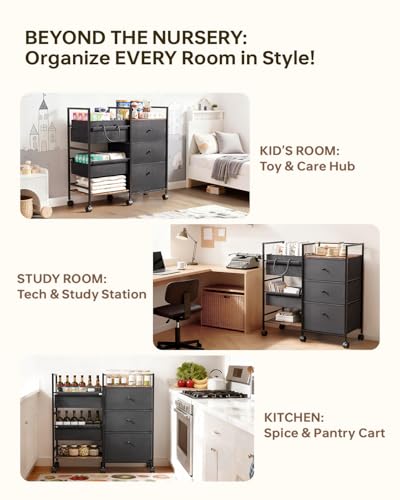 2-in-1 Baby Diaper Caddy Organizer and Storage-3 Tier Rolling Baby Cart with Dividers and Drawers, Baby Essentials for Nursery Storage, Mobile Utility Cart with Wheels Large Capacity Easy To Assemble